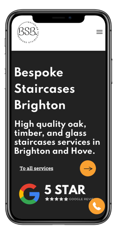 Mobile view for website homepage of Bespoke Staircases, Brighton.