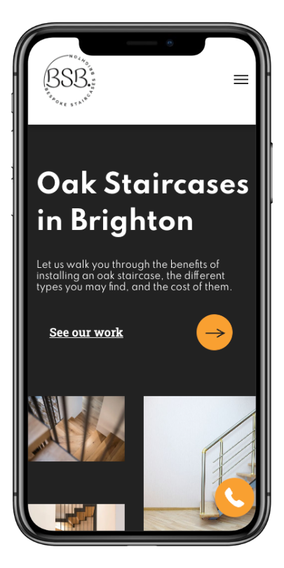 Website page on mobile for bespoke oak staircases in Brighton.