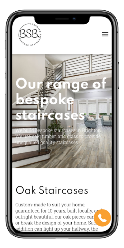 Mobile view of website page mentioning services for a range of bespoke staircases.