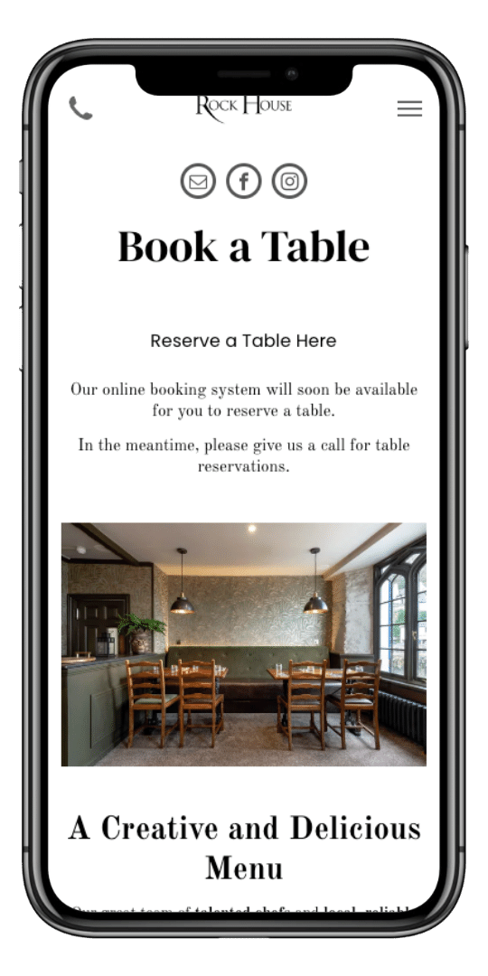 Website page on mobile view to book a table at Rock House Hotel, Lynmouth.