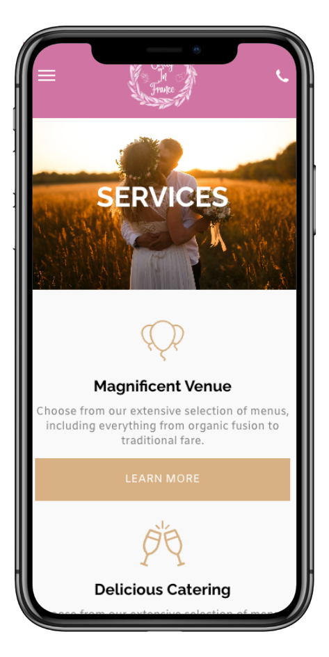 Mobile view of website page mentioning services for wedding planning, venues, and catering by Emily In France.