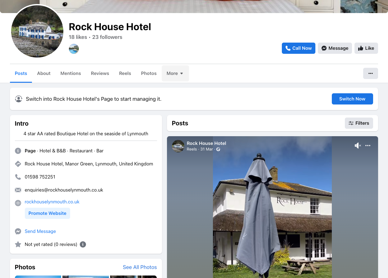 Facebook page, including description, followers, likes, and one post for Rock House Hotel, Lynmouth.