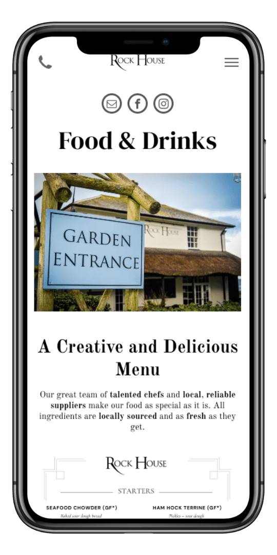 Mobile view of website page mentioning food and drinks at Rock House Hotel, in Lynmouth.