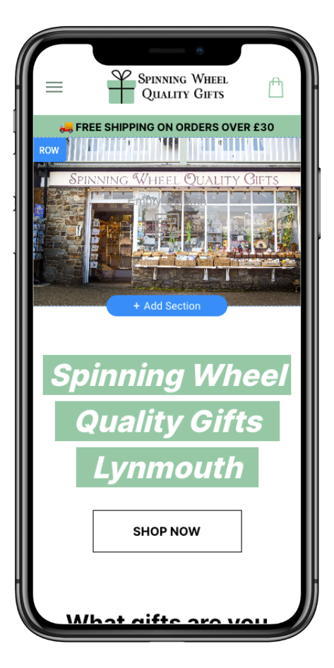 Homepage for Spinning Wheel Quality Gifts in mobile view.
