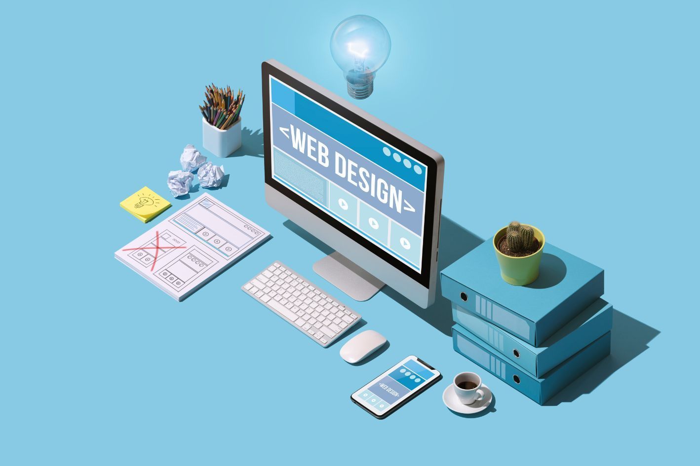 Graphic design for a desk with technology placed on it, such as a computer, keyboard, phone, etc.