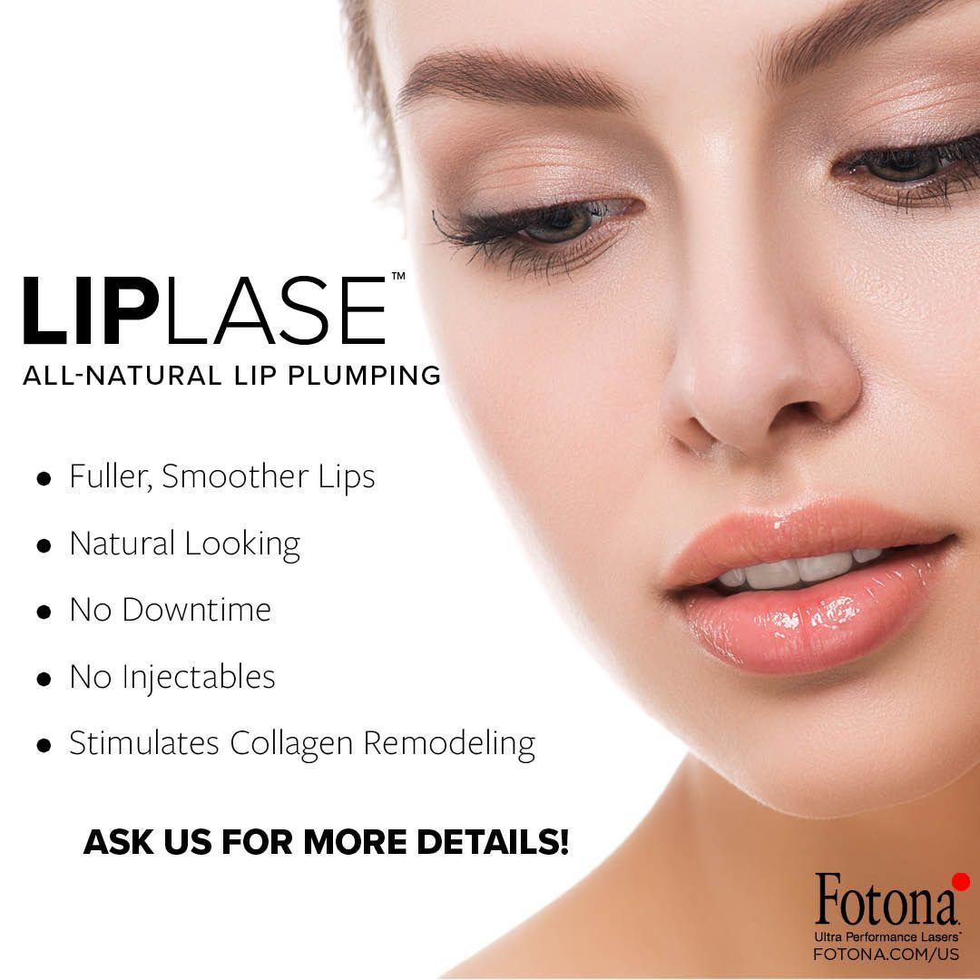 A close up of a woman 's face with the words liplase all natural lip plumping on it.