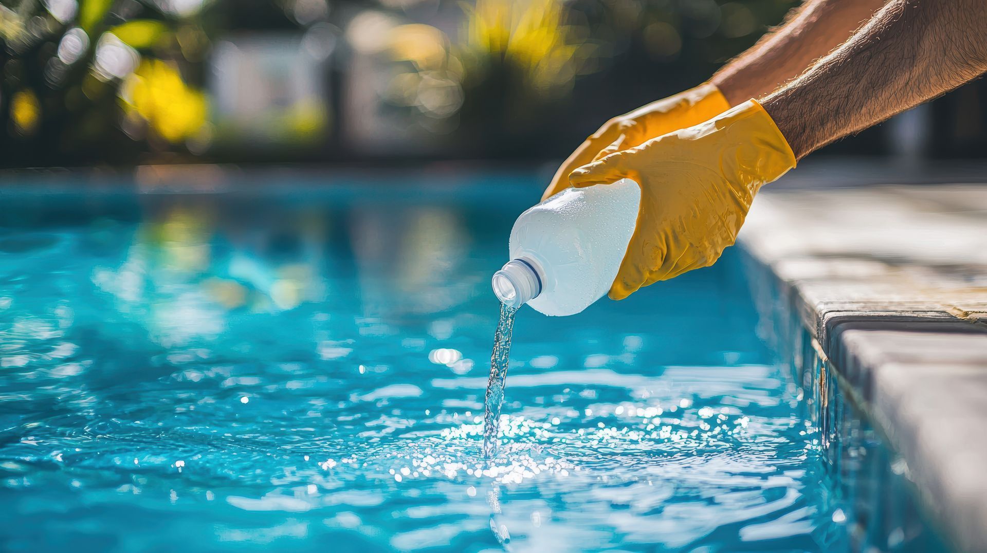 Person pouring liquid chlorine into swimming pool, showcasing effective pool maintenance
