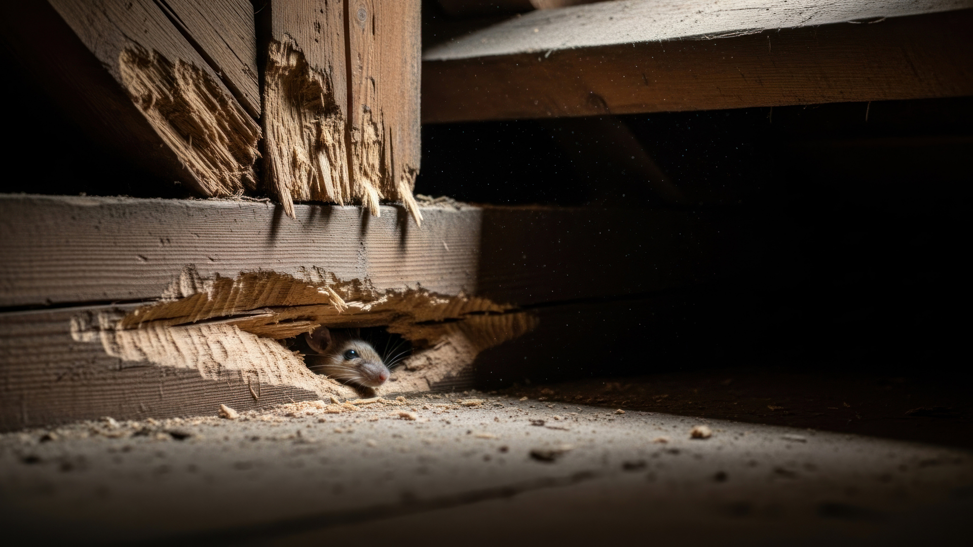 A mouse peeks out of a hole chewed in a wooden beam, in a dark attic.