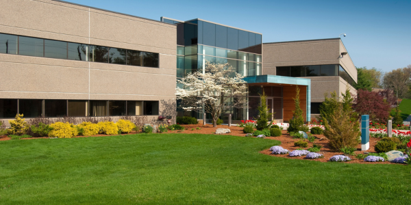 Modern beige and blue building with glass entrance, green lawn, and landscaping under a blue sky.