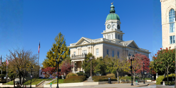 A light-colored building with a green-domed clock tower against a clear blue sky, with trees in the foreground.