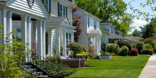 Row of white houses with green lawns and trees, sunny day.