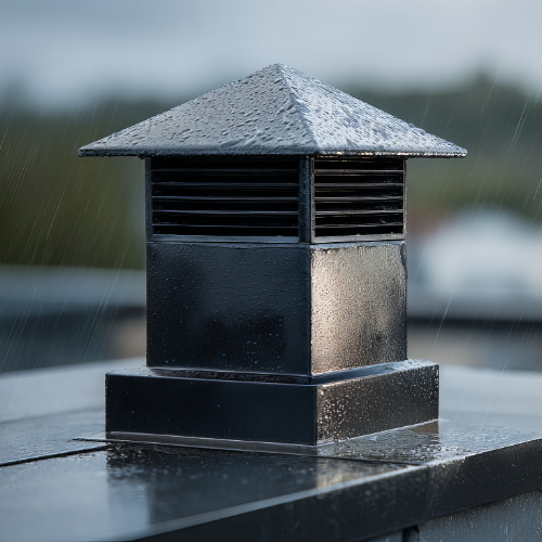 Black chimney cap on a wet rooftop, with a square base, slatted vent, and pyramid roof.