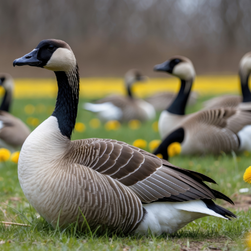 Canada goose with black head and neck, beige body, resting in grass with other geese in background.