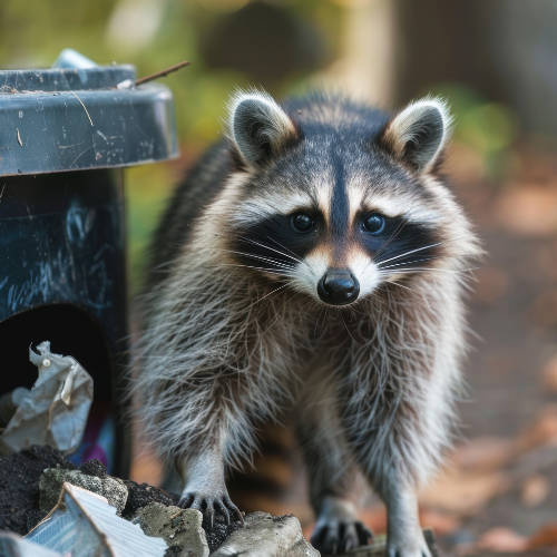 Raccoon standing near a tipped-over trash can, looking directly at the camera.