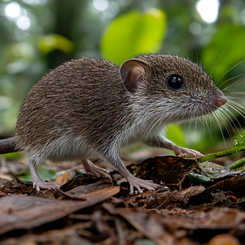 Small brown mouse with large eyes, white belly, and long whiskers, on forest floor.