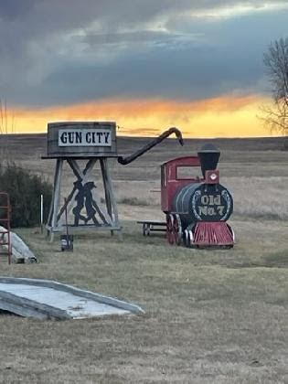 A train is parked in a field next to a water tower.