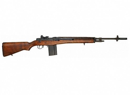 Brown and black M14 rifle against a white background.
