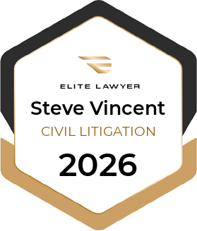 Elite Lawyer badge for Steve Vincent, Civil Litigation, 2026. Black, gold and white hexagonal design.