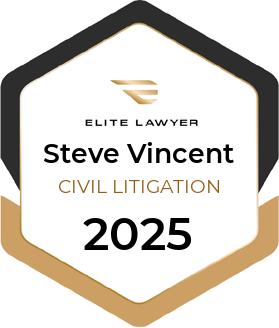 Elite Lawyer badge for Steve Vincent, Civil Litigation, 2025. Black, gold and white hexagonal design.