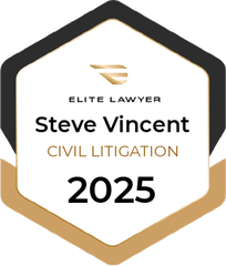 Elite Lawyer badge for Steve Vincent, Civil Litigation, 2025. Black, gold and white hexagonal design.