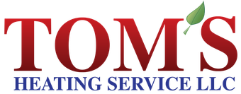 TOMS Heating Service LLC logo in red and blue with green leaf accent