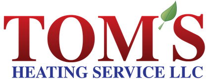 TOMS Heating Service LLC logo in red and blue with green leaf accent