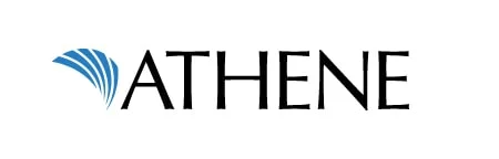 A logo for athene with a blue swirl on a white background.