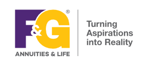 The logo for f & g annuities & life is purple and yellow and says turning aspirations into reality.