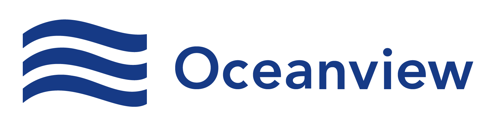 A blue and white oceanview logo with waves on a white background.
