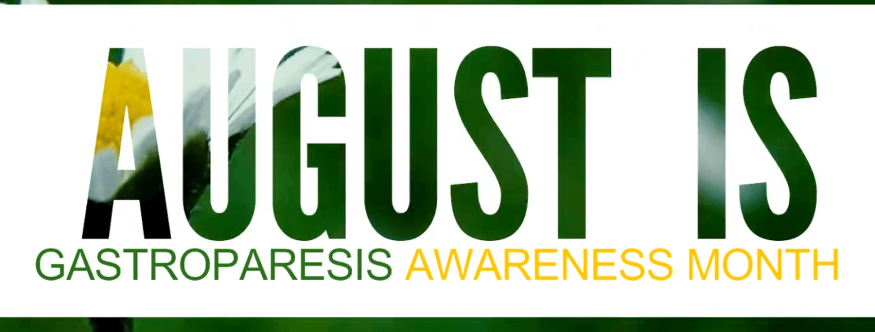 A banner saying 'August is Gastroparesis Awareness Month', the letters made of a close-ip photo of a daisy and grass.
