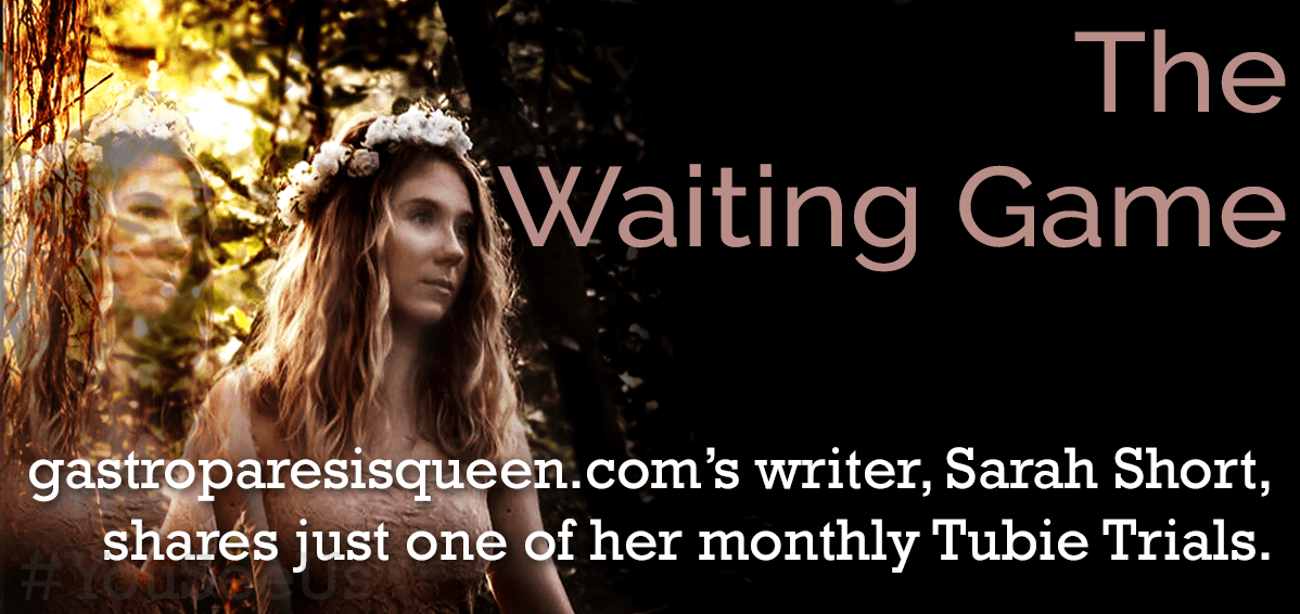 A woman wearing a flower crown  with the words 'The Waiting Game'.