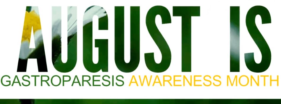 A  banner saying 'August is Gastroparesis Awareness month', the letters made of a close-up photo of a daisy and grass.