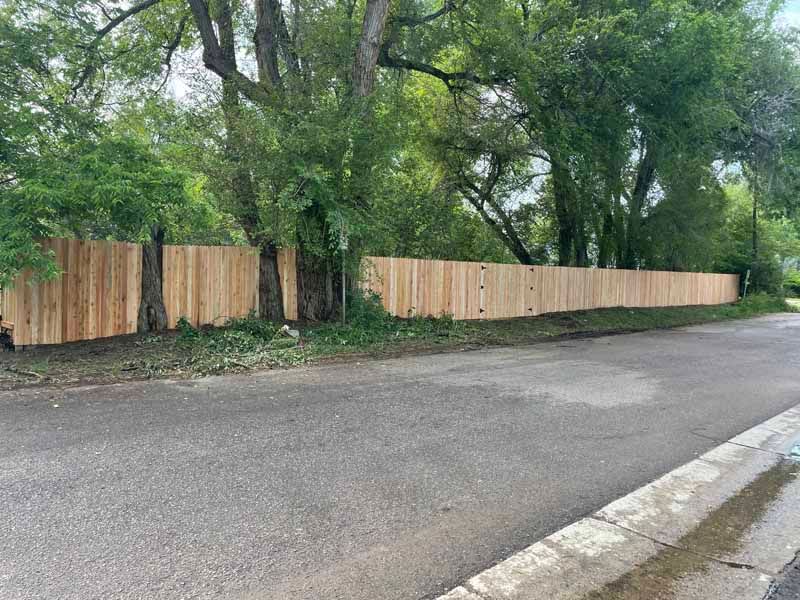 A newly installed vertical wooden fence runs alongside an asphalt road, backed by mature green trees.