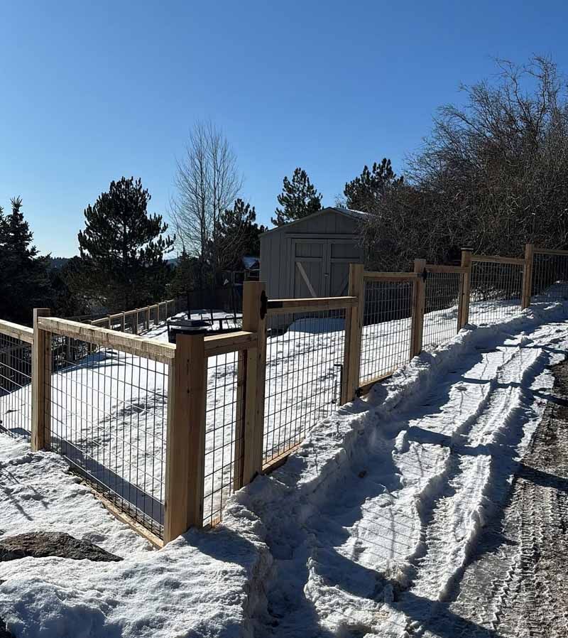 A newly installed wooden post and wire mesh fence runs along a snowy path leading to a shed in a wooded yard.