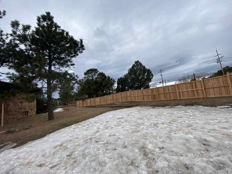 A backyard scene featuring a large area of melting snow, a wooden fence, and trees under a cloudy sky.