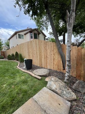 A backyard featuring a new light-wood fence, a curved stone garden border, rocks, and a tree on a cloudy day.