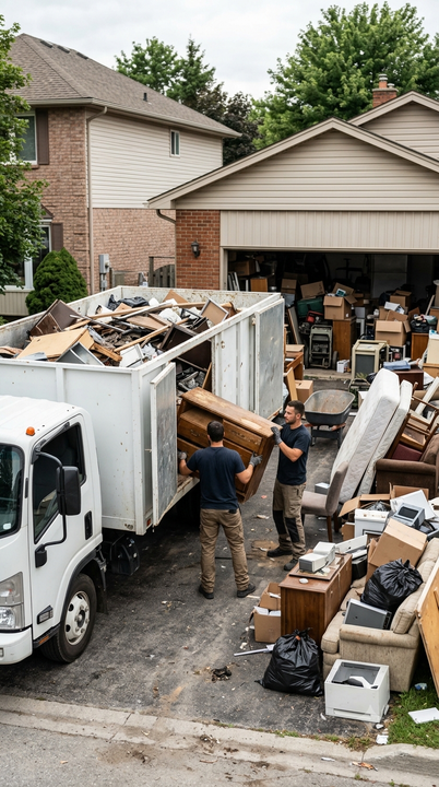 Workers loading a cluttered moving truck with furniture and boxes in a suburban driveway by a garage