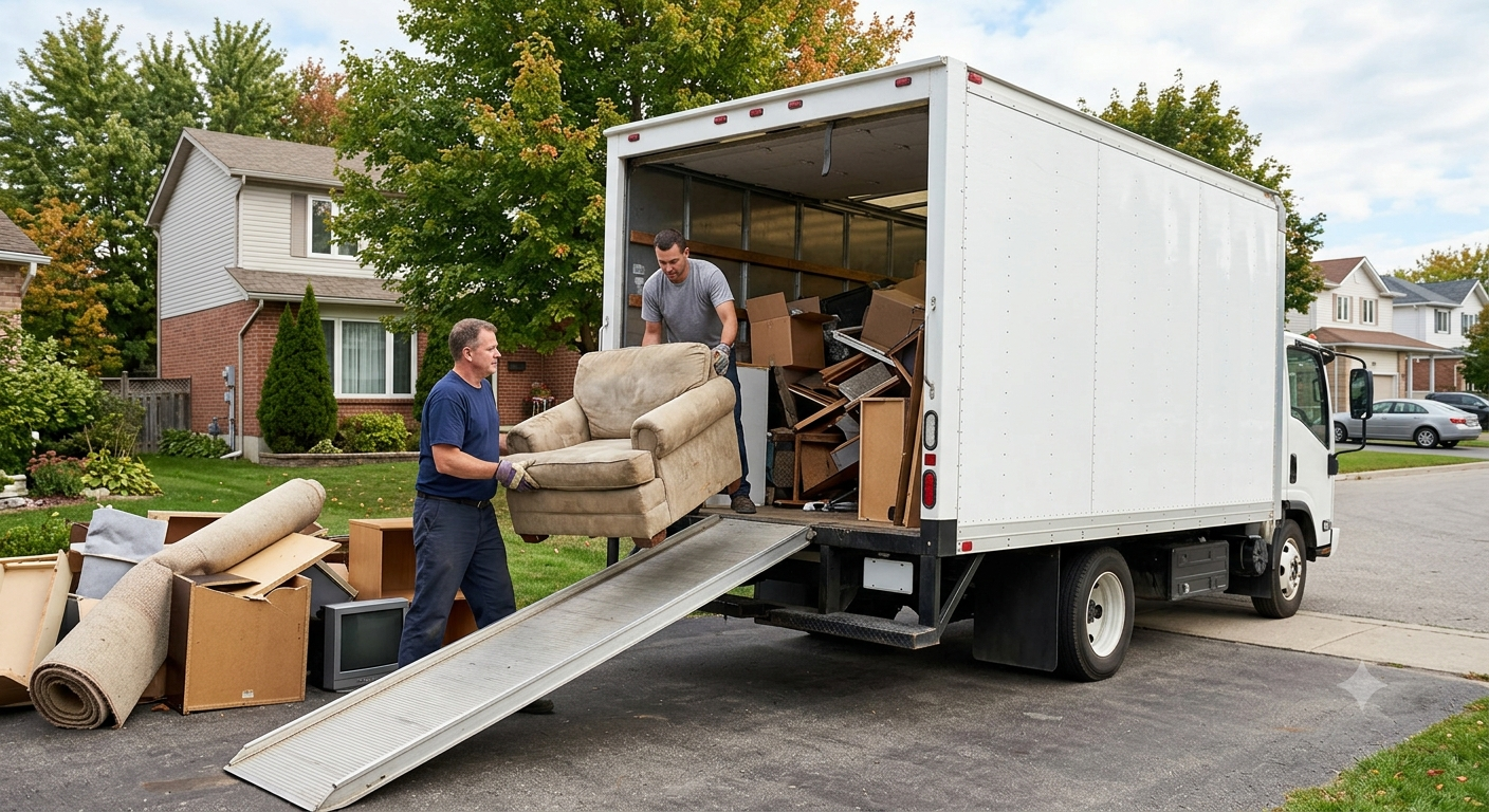 Two movers loading a white truck with furniture via a ramp in a suburban street
