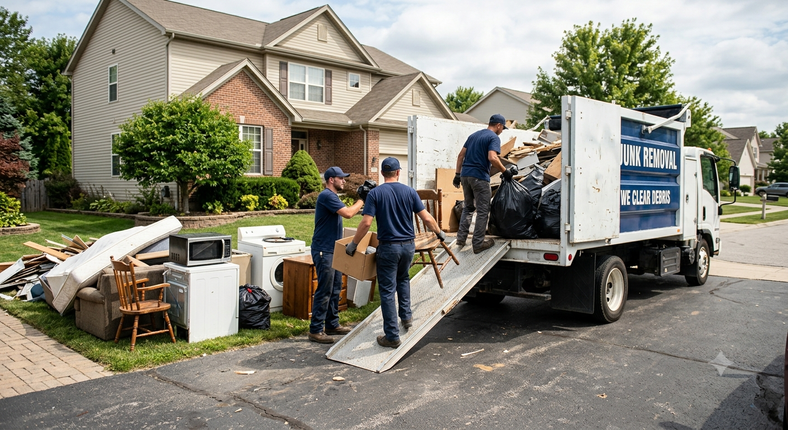 Workers loading debris into a truck outside a suburban house after cleanup.
