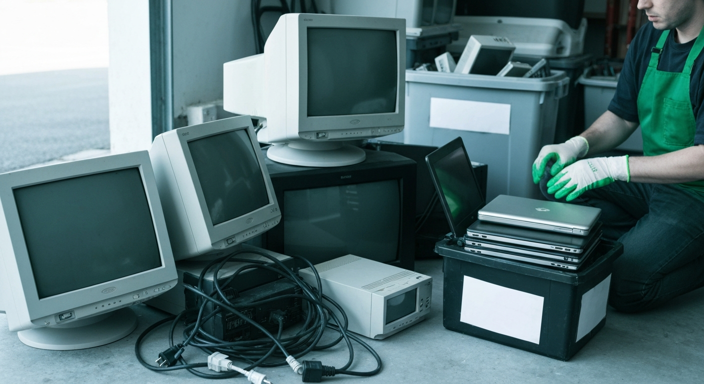 Cluttered garage with broken furniture, tools, and household items scattered inside