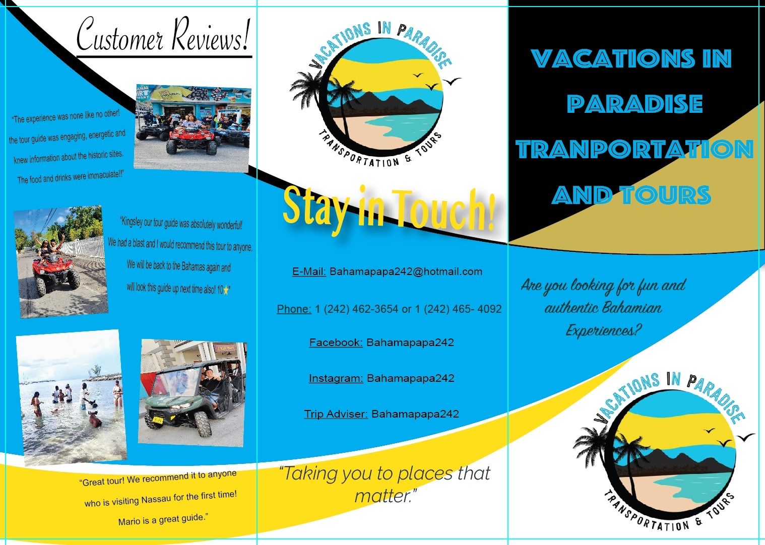 A brochure for vacations in paradise transportation and tours