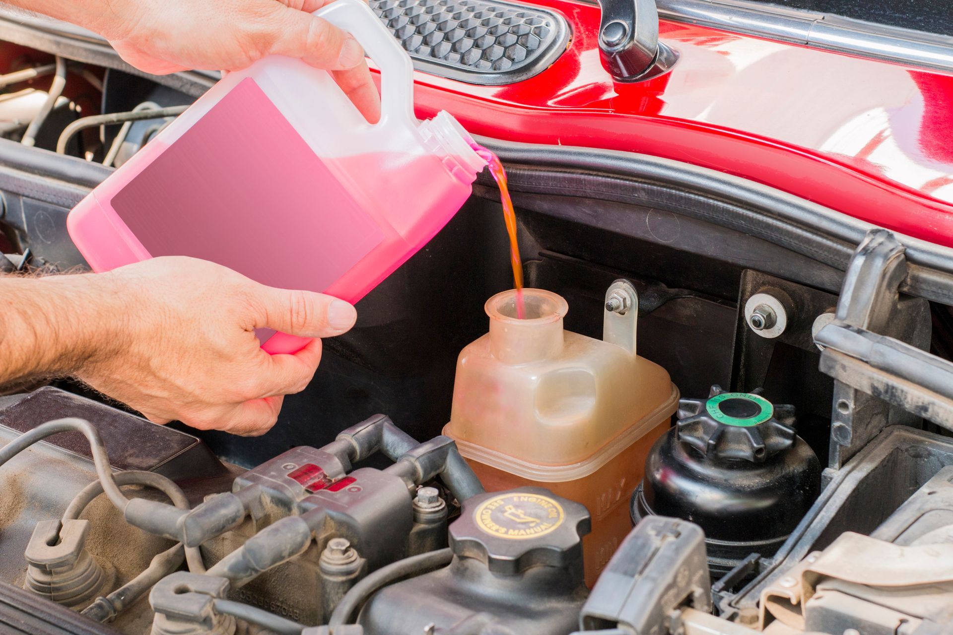 Hands pouring pink coolant into a car's reservoir under the hood.