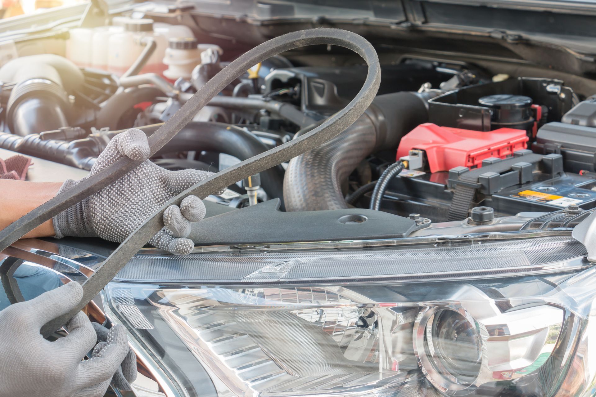 Gloved hands holding a worn serpentine belt in front of an open car hood.