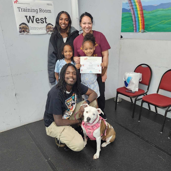 A young family poses for their dog's graduation.