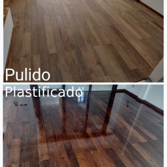 Una foto de antes y después de un piso de madera.