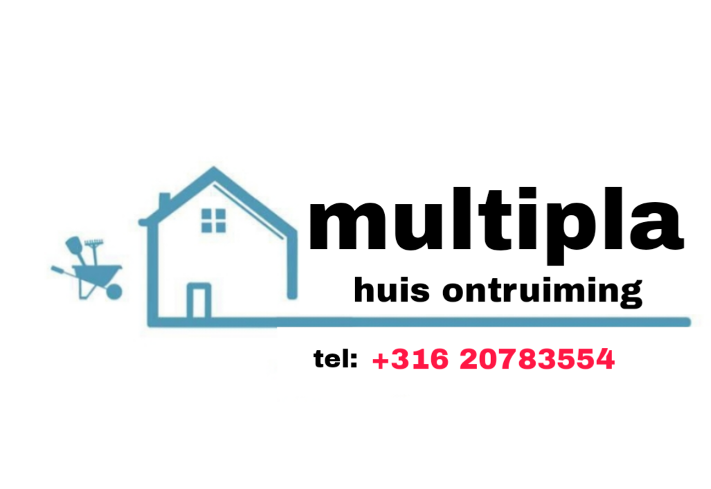 Logo: Blauwe huisomtrek, tekst "Multipla huising", gereedschap en een telefoonnummer.
