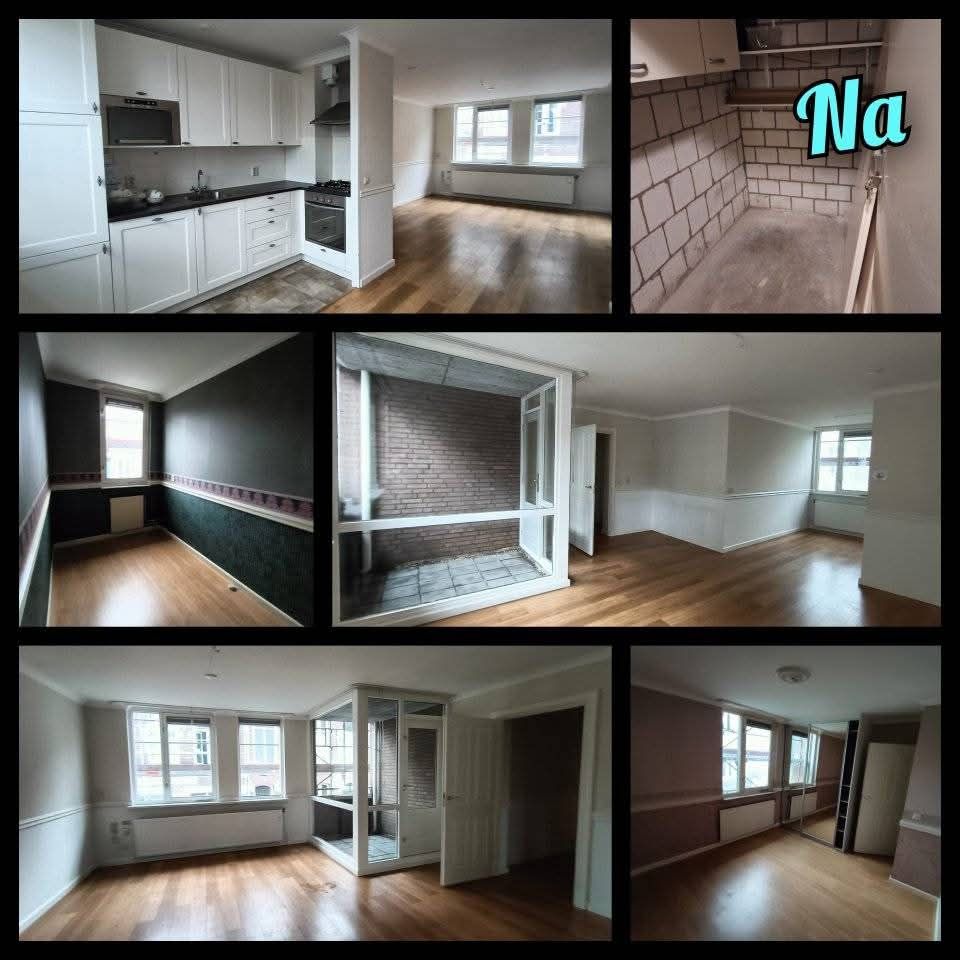 Collage van lege kamers en een keuken met witte kasten, donkere aanrechtbladen en houten vloeren.