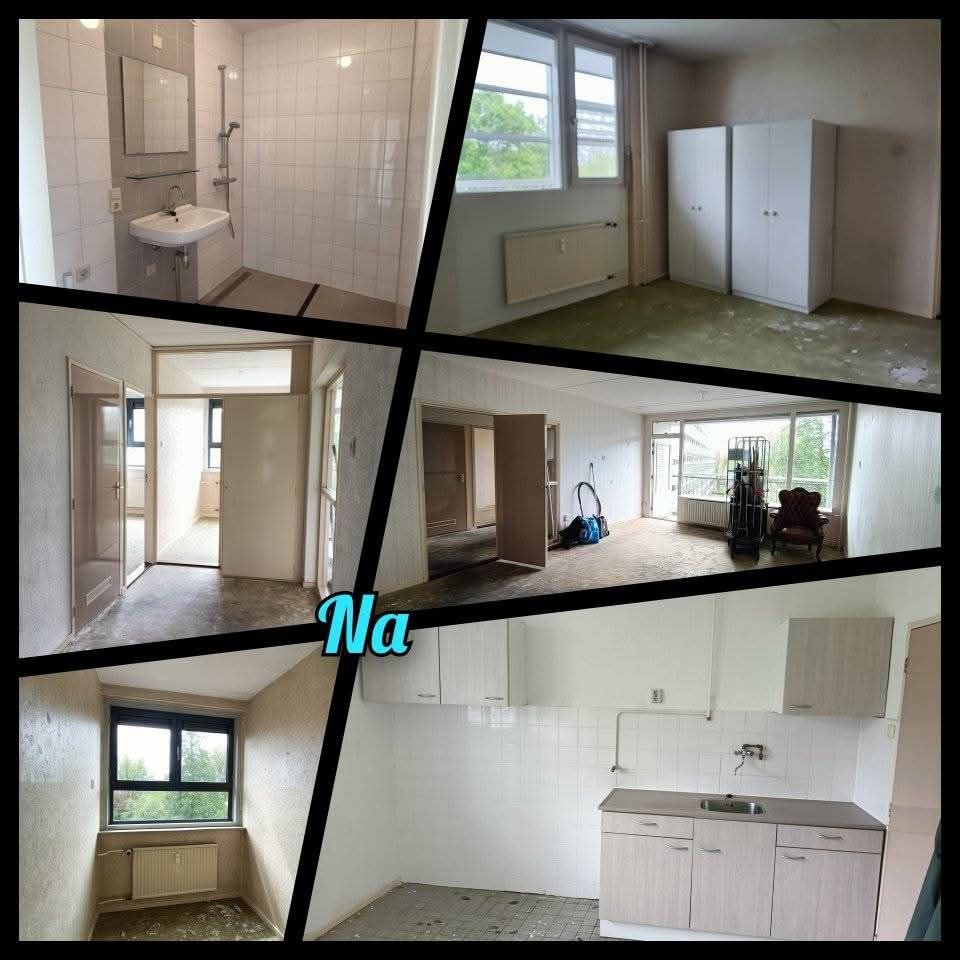 Collage van kamers die aan renovatie toe zijn: badkamer, slaapkamer, hal, woonkamer en keuken.