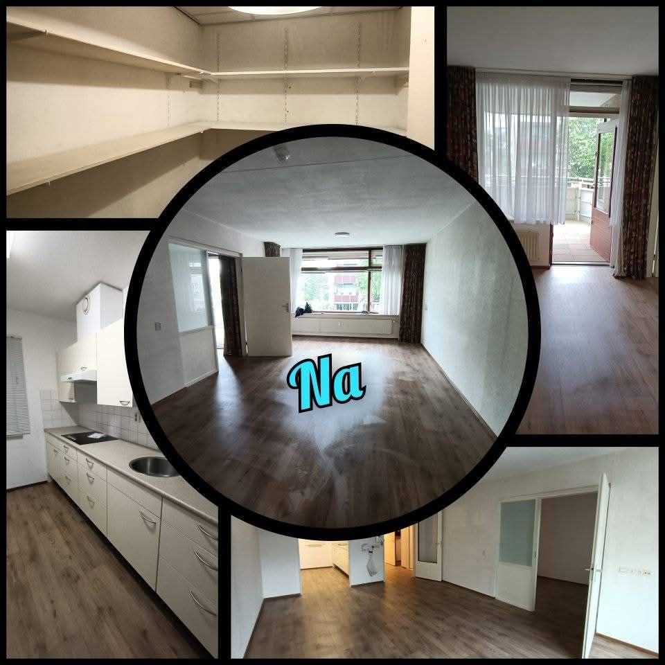 Collage van interieurfoto's van een appartement: woonkamer, keuken, balkon en berging.