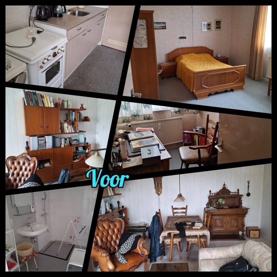 Collage: Beelden van verschillende kamers in een huis vóór de renovatie, met de keuken, slaapkamer en woonkamer in vintage-stijl.